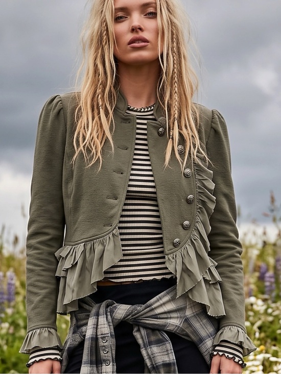 Anthropologie Jackets & Blazers - Anthropologie Curved Ruffle Military Cardigan Top Jacket Army Green Large NWT